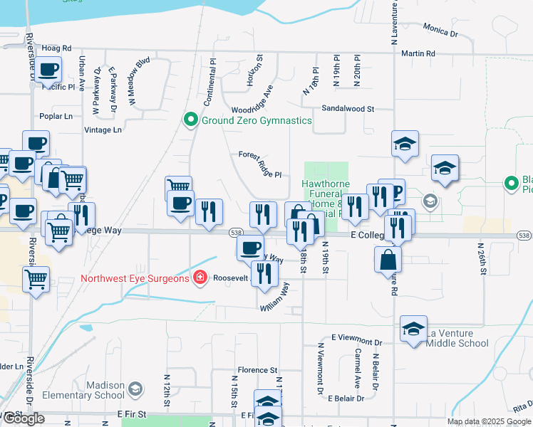 map of restaurants, bars, coffee shops, grocery stores, and more near 1712 Windsor Drive in Mount Vernon