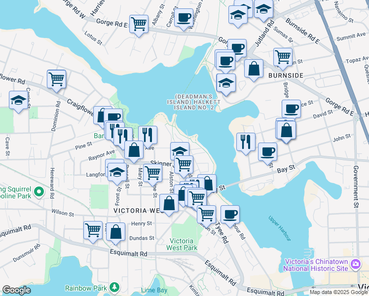 map of restaurants, bars, coffee shops, grocery stores, and more near 90 Regatta Landing in Victoria