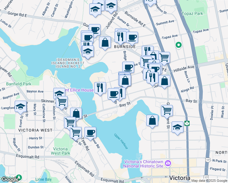 map of restaurants, bars, coffee shops, grocery stores, and more near 2645 Turner Street in Victoria