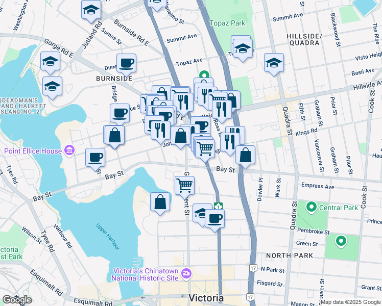 map of restaurants, bars, coffee shops, grocery stores, and more near 2520 Government Street in Victoria