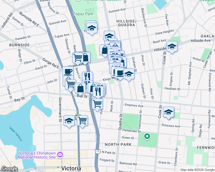 map of restaurants, bars, coffee shops, grocery stores, and more near 2536 Wark Street in Victoria