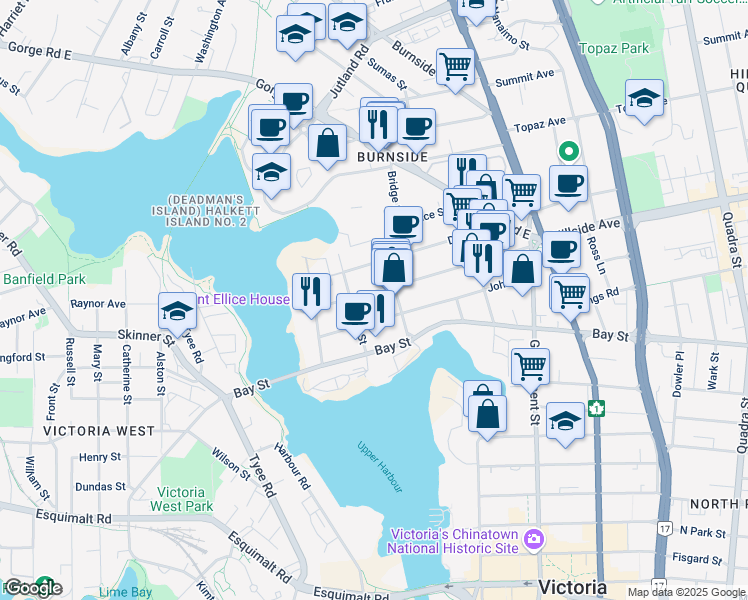 map of restaurants, bars, coffee shops, grocery stores, and more near 2612 Bridge Street in Victoria