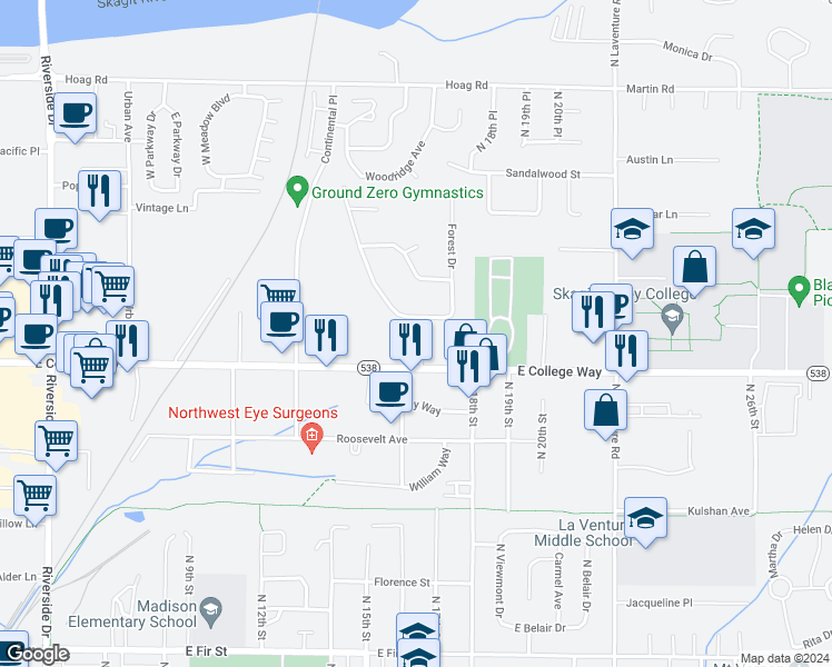 map of restaurants, bars, coffee shops, grocery stores, and more near 1712 Windsor Drive in Mount Vernon