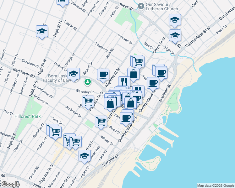 map of restaurants, bars, coffee shops, grocery stores, and more near 18 Court Street North in Thunder Bay