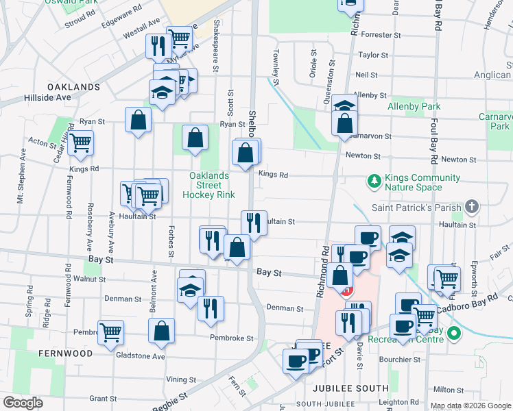 map of restaurants, bars, coffee shops, grocery stores, and more near 2619 Shelbourne Street in Victoria