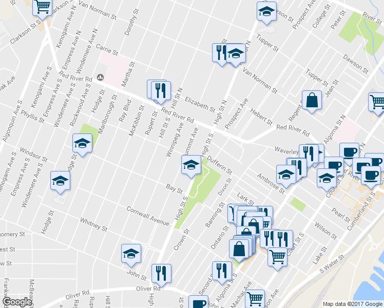 map of restaurants, bars, coffee shops, grocery stores, and more near 43 Beresford Street in Thunder Bay