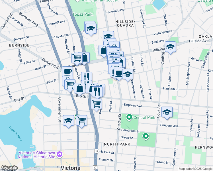 map of restaurants, bars, coffee shops, grocery stores, and more near 2536 Wark Street in Victoria