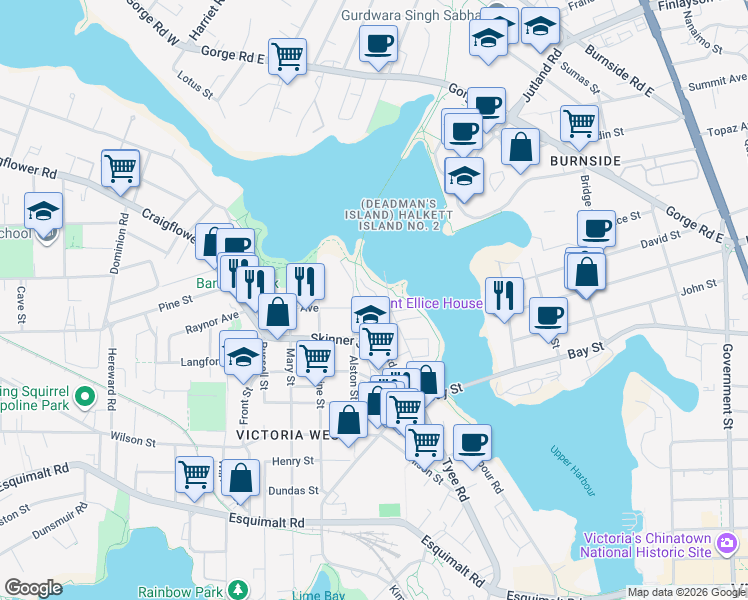 map of restaurants, bars, coffee shops, grocery stores, and more near 90 Regatta Landing in Victoria