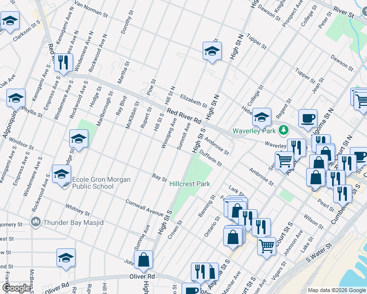 map of restaurants, bars, coffee shops, grocery stores, and more near 43 Beresford Street in Thunder Bay