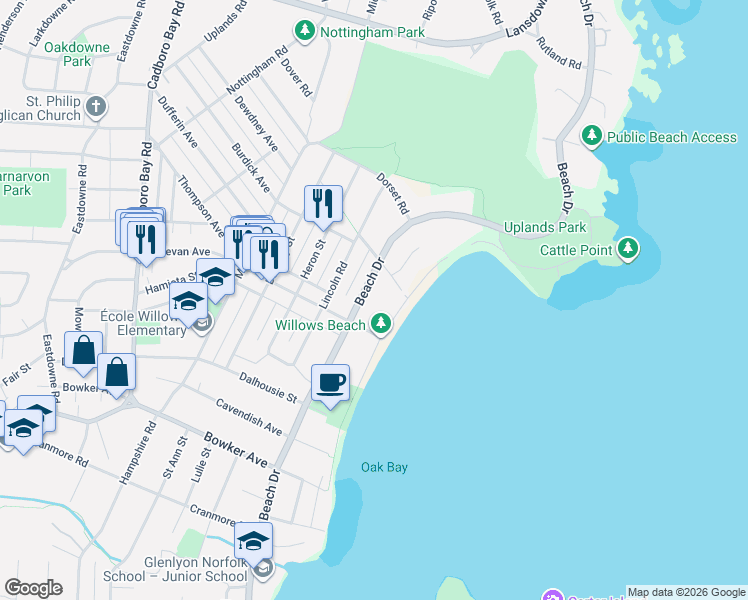 map of restaurants, bars, coffee shops, grocery stores, and more near 2535 Beach Drive in Victoria