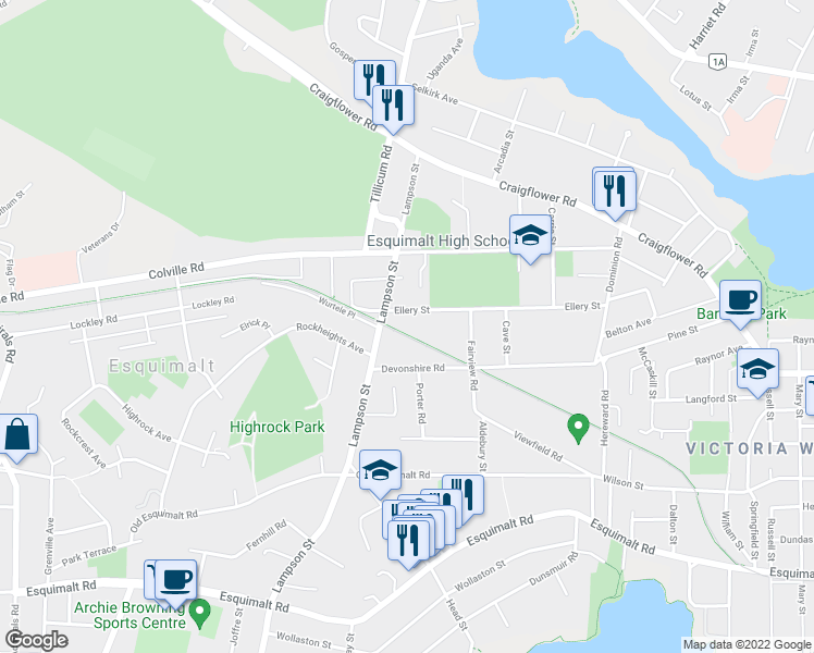 map of restaurants, bars, coffee shops, grocery stores, and more near 935 Ellery Street in Victoria