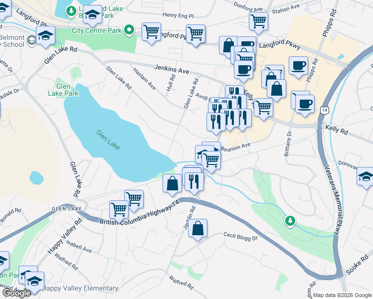 map of restaurants, bars, coffee shops, grocery stores, and more near 950 Loch Glen Place in Victoria