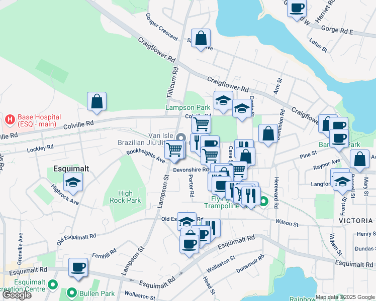 map of restaurants, bars, coffee shops, grocery stores, and more near 933 Ellery Street in Victoria