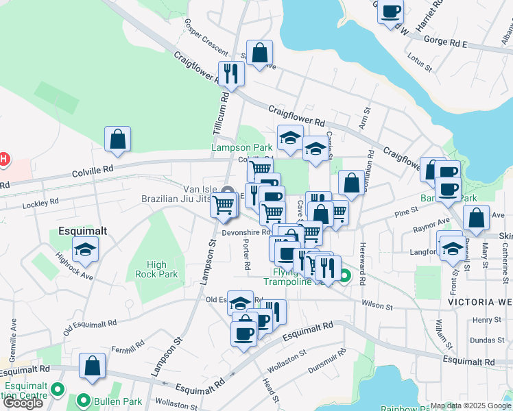 map of restaurants, bars, coffee shops, grocery stores, and more near 929 Ellery Street in Victoria