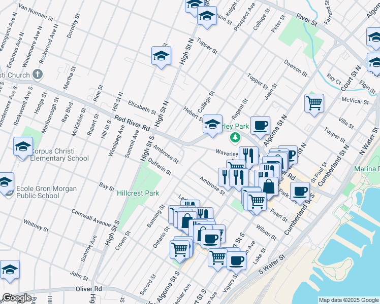 map of restaurants, bars, coffee shops, grocery stores, and more near 386 Ambrose Street in Thunder Bay