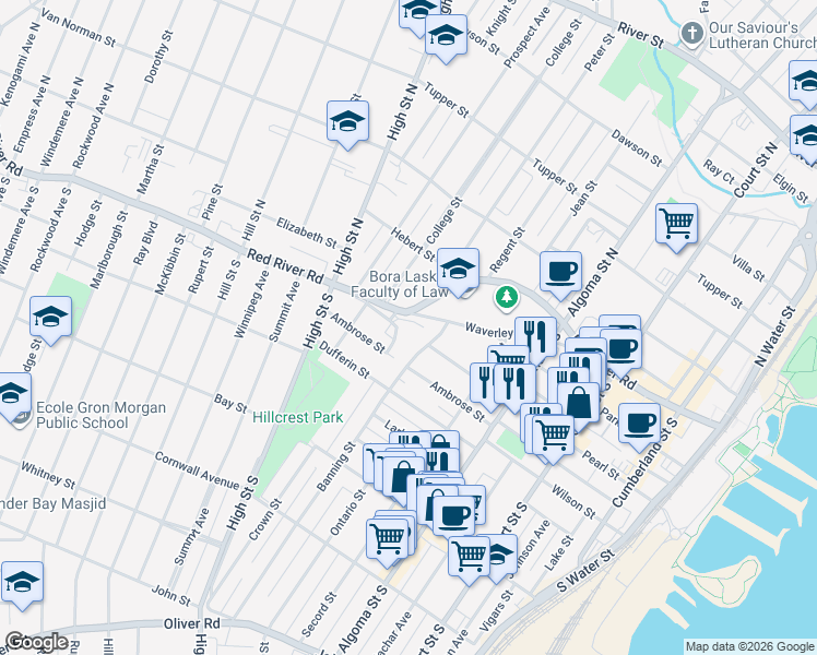 map of restaurants, bars, coffee shops, grocery stores, and more near 405 Waverley Street in Thunder Bay