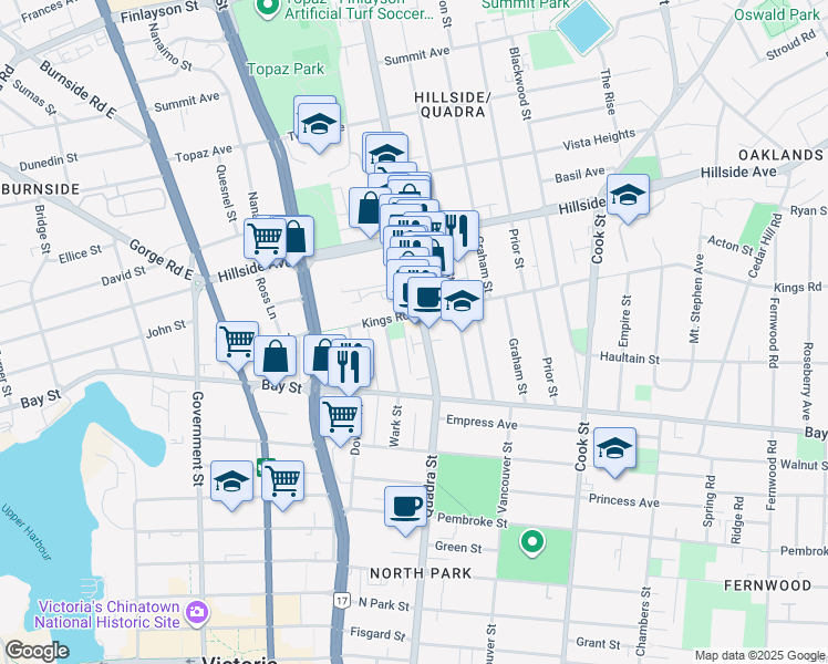 map of restaurants, bars, coffee shops, grocery stores, and more near in Victoria