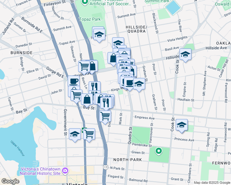 map of restaurants, bars, coffee shops, grocery stores, and more near 2560 Wark Street in Victoria