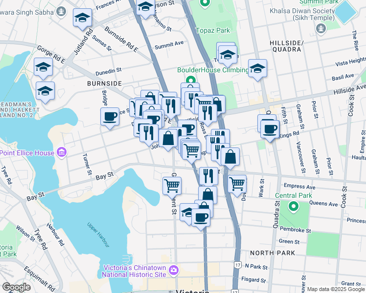 map of restaurants, bars, coffee shops, grocery stores, and more near 2590 Douglas Street in Victoria