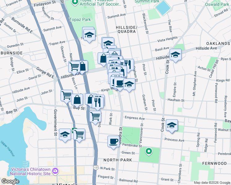 map of restaurants, bars, coffee shops, grocery stores, and more near 2560 Quadra Street in Victoria