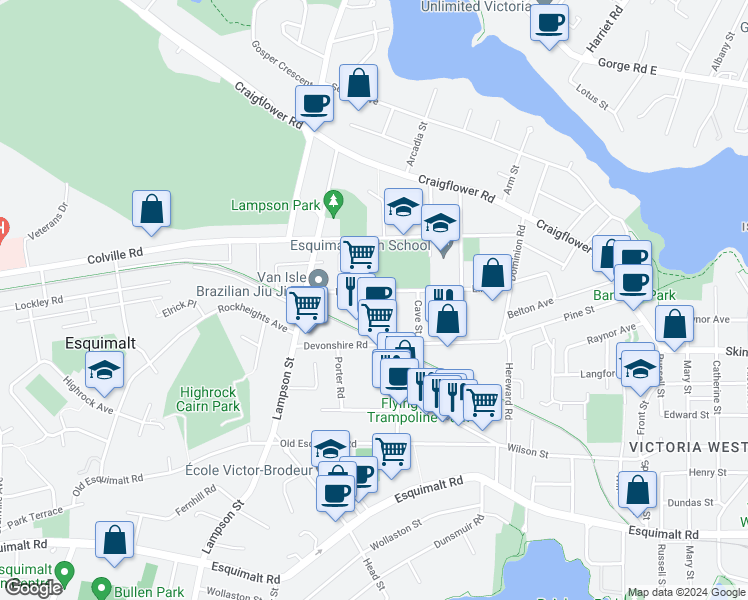 map of restaurants, bars, coffee shops, grocery stores, and more near 929 Ellery Street in Victoria