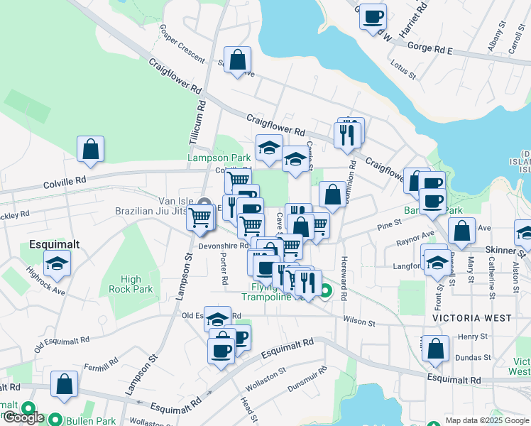 map of restaurants, bars, coffee shops, grocery stores, and more near 885 Ellery Street in Victoria