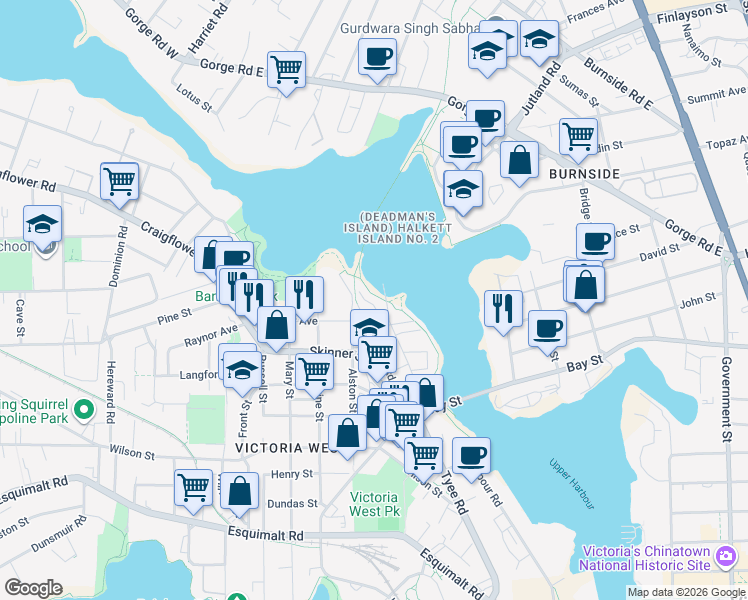 map of restaurants, bars, coffee shops, grocery stores, and more near 90 Regatta Landing in Victoria
