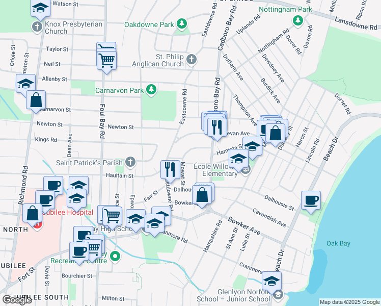 map of restaurants, bars, coffee shops, grocery stores, and more near 2211 Kinross Avenue in Victoria