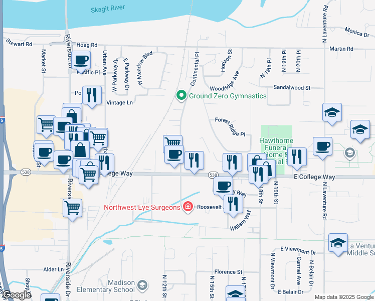 map of restaurants, bars, coffee shops, grocery stores, and more near 1800 Continental Place in Mount Vernon