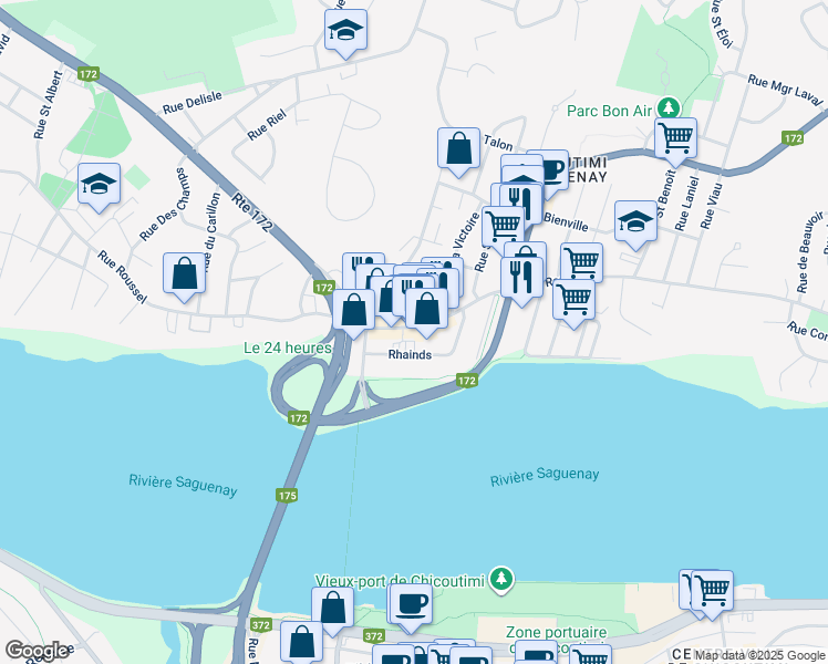 map of restaurants, bars, coffee shops, grocery stores, and more near 2181 Rue Roussel in Saguenay