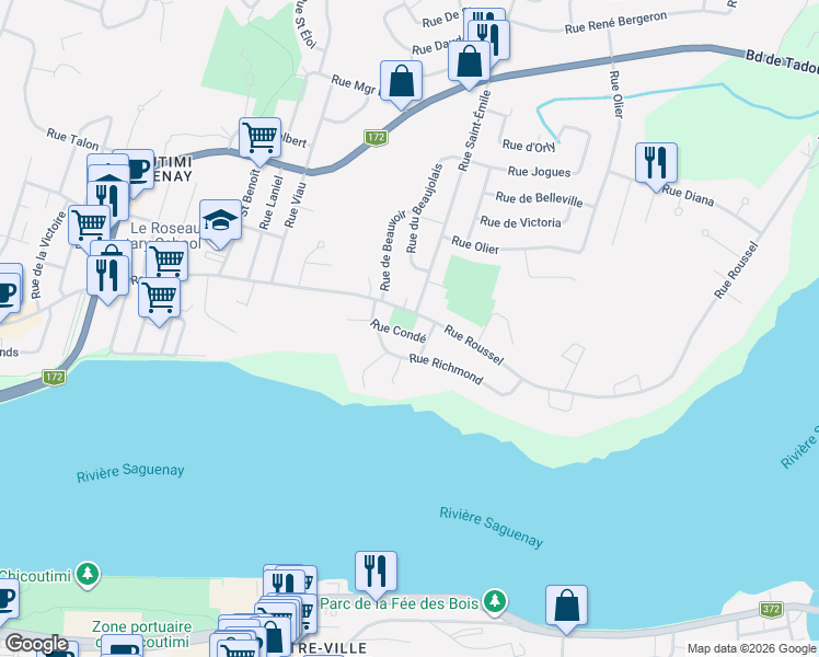 map of restaurants, bars, coffee shops, grocery stores, and more near 314 Rue Condé in Saguenay