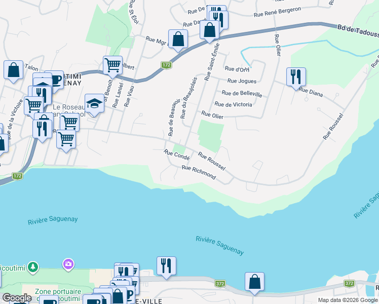 map of restaurants, bars, coffee shops, grocery stores, and more near 1761 Rue Roussel in Saguenay