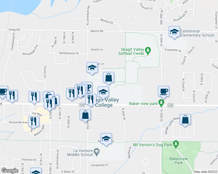 map of restaurants, bars, coffee shops, grocery stores, and more near 2405 E College Way in Mt Vernon