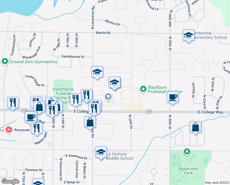 map of restaurants, bars, coffee shops, grocery stores, and more near 2405 East College Way in Mount Vernon