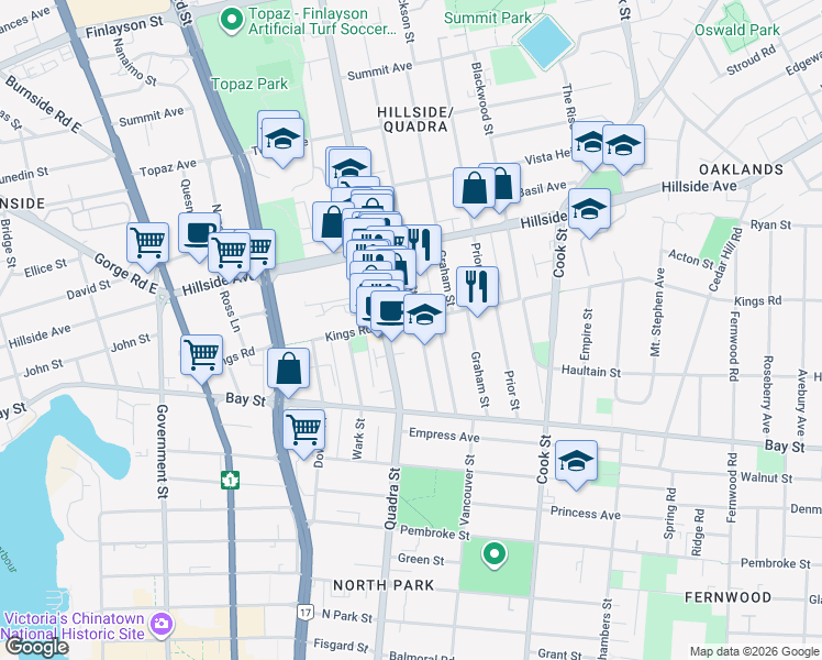 map of restaurants, bars, coffee shops, grocery stores, and more near 2639 Fifth Street in Victoria
