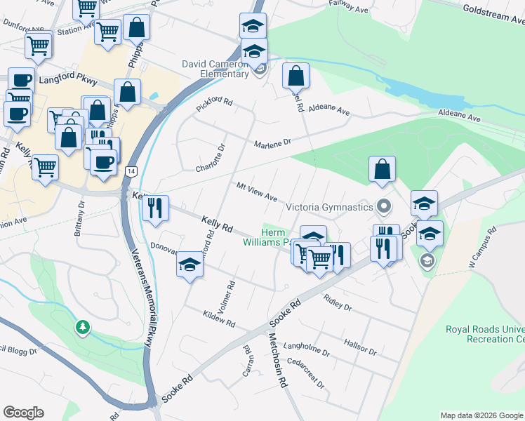 map of restaurants, bars, coffee shops, grocery stores, and more near 675 Mount View Avenue in Victoria