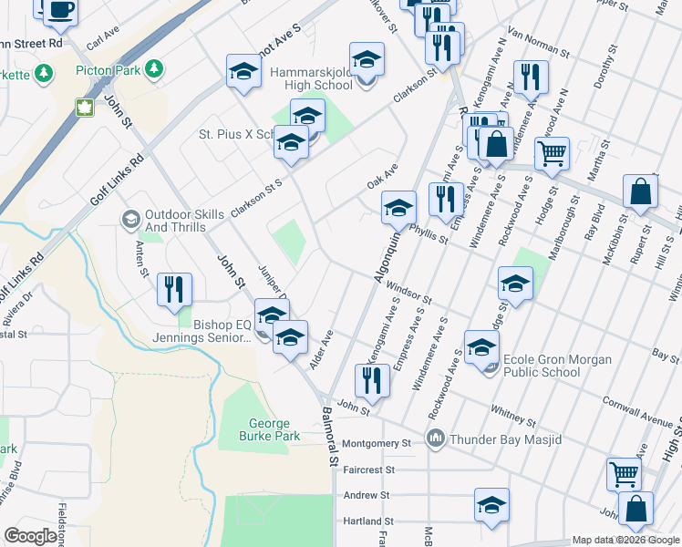 map of restaurants, bars, coffee shops, grocery stores, and more near 117 Windsor Street in Thunder Bay