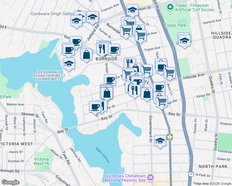 map of restaurants, bars, coffee shops, grocery stores, and more near 539 David Street in Victoria