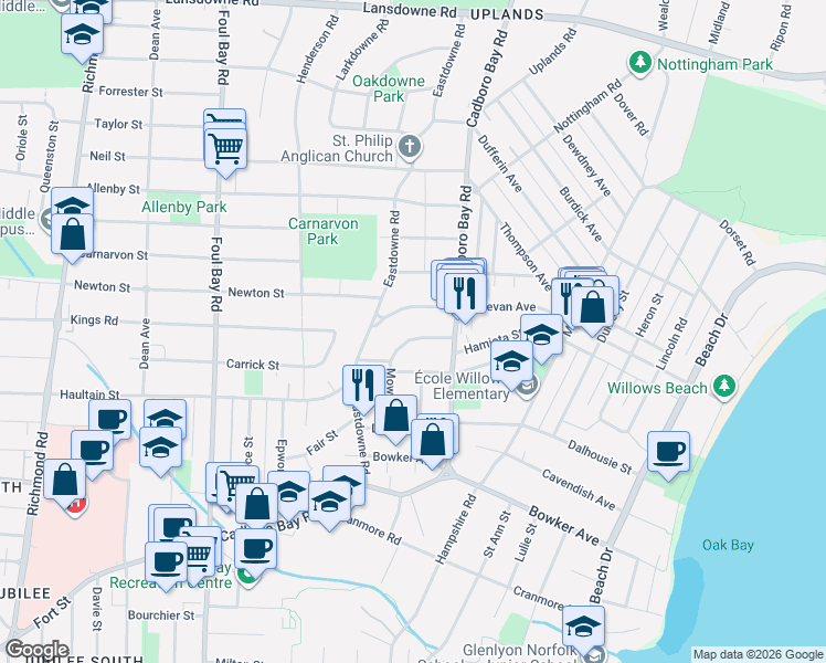 map of restaurants, bars, coffee shops, grocery stores, and more near 2243 Estevan Avenue in Victoria