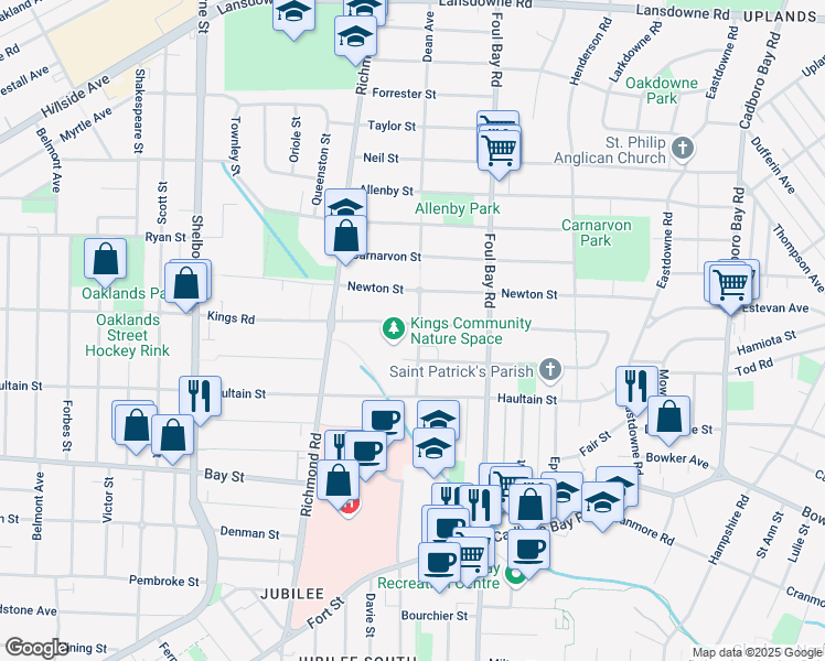 map of restaurants, bars, coffee shops, grocery stores, and more near 1879 Kings Road in Victoria