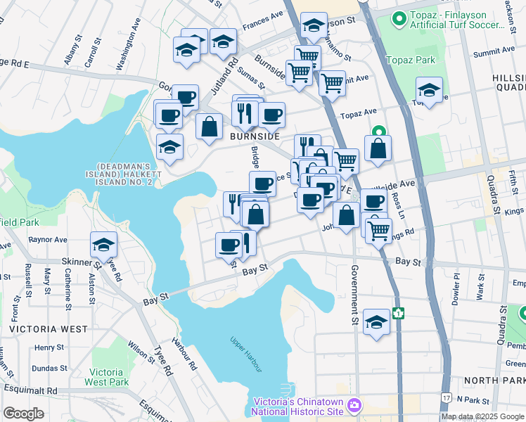 map of restaurants, bars, coffee shops, grocery stores, and more near 506 David Street in Victoria