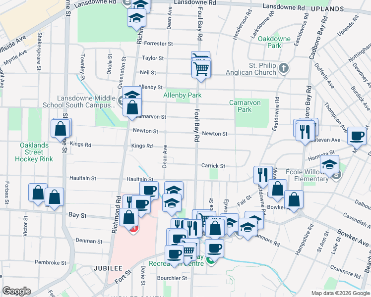 map of restaurants, bars, coffee shops, grocery stores, and more near 2720 Foul Bay Road in Victoria