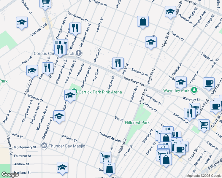 map of restaurants, bars, coffee shops, grocery stores, and more near 31 Rupert Street in Thunder Bay