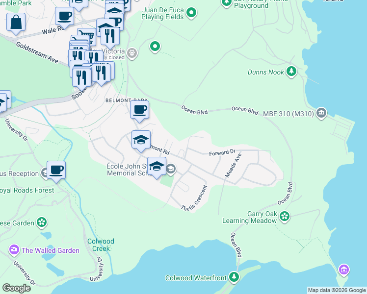 map of restaurants, bars, coffee shops, grocery stores, and more near 380 Belmont Road in Victoria
