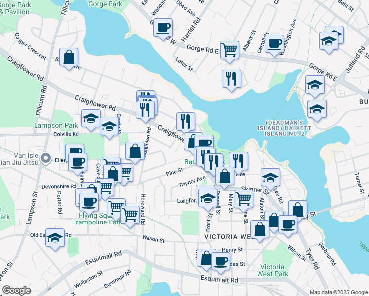 map of restaurants, bars, coffee shops, grocery stores, and more near 620 Craigflower Road in Victoria