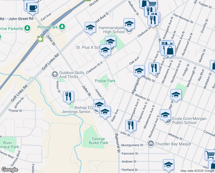 map of restaurants, bars, coffee shops, grocery stores, and more near 218 Maple Avenue in Thunder Bay