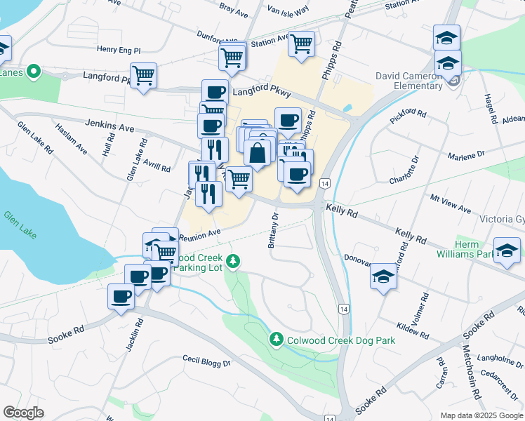 map of restaurants, bars, coffee shops, grocery stores, and more near in Langford