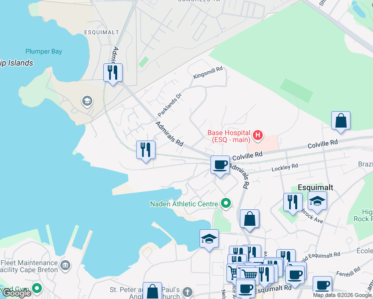 map of restaurants, bars, coffee shops, grocery stores, and more near 875 Admirals Road in Victoria