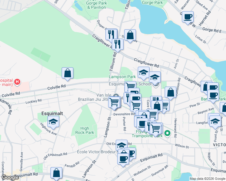 map of restaurants, bars, coffee shops, grocery stores, and more near 814 Lampson Street in Victoria