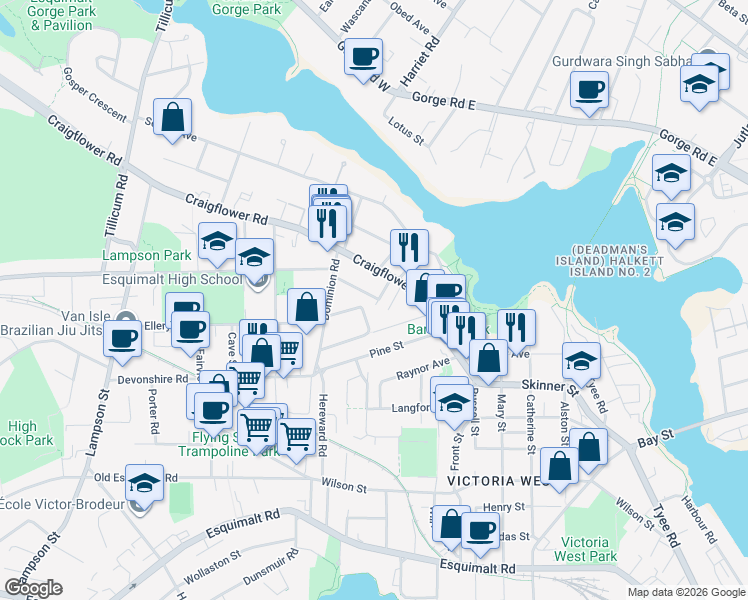 map of restaurants, bars, coffee shops, grocery stores, and more near 701 Connaught Road in Victoria
